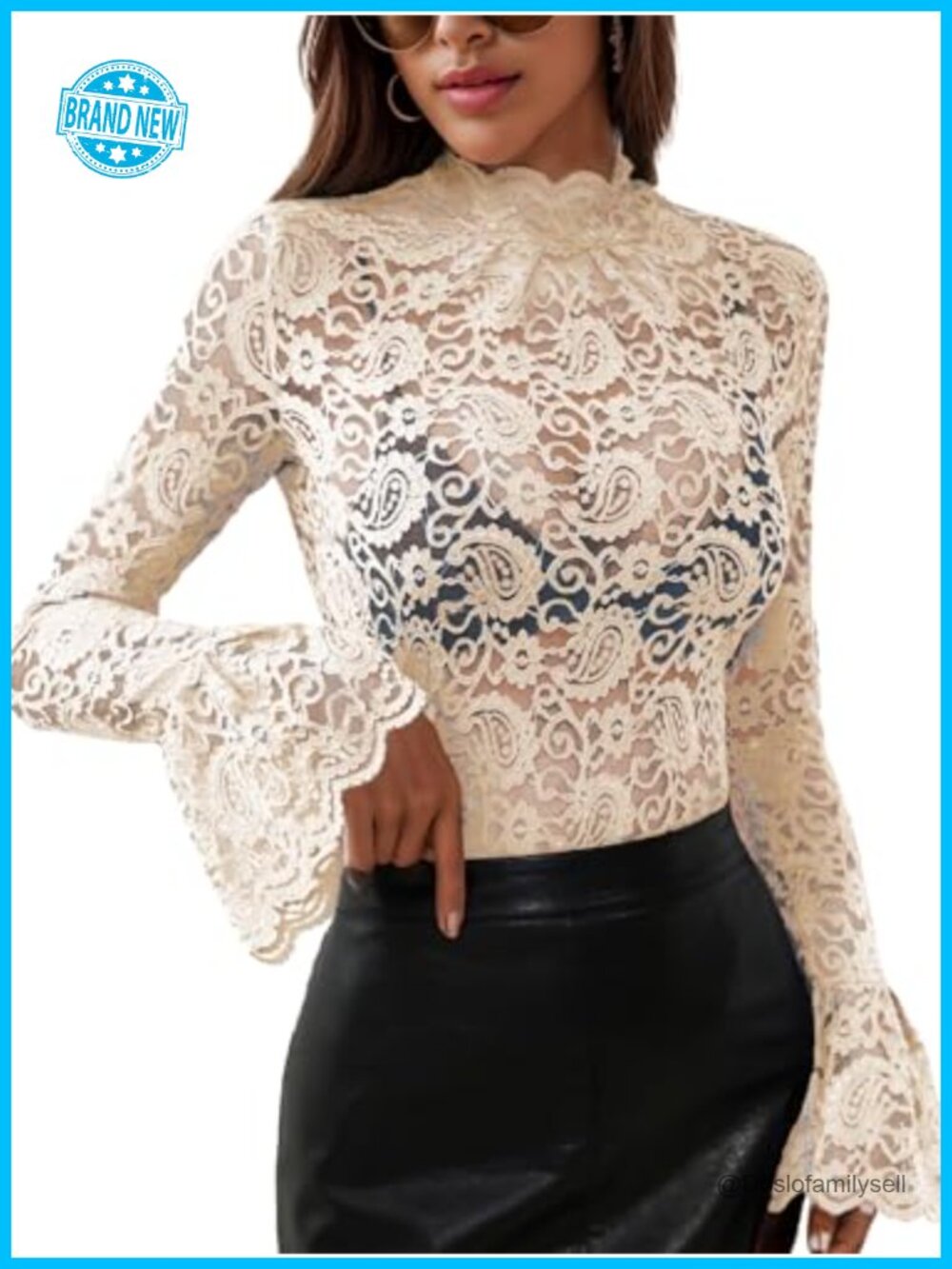 Women's Lace Mesh Top High Neck Sheer Floral Blouse Long Bell Sleeve